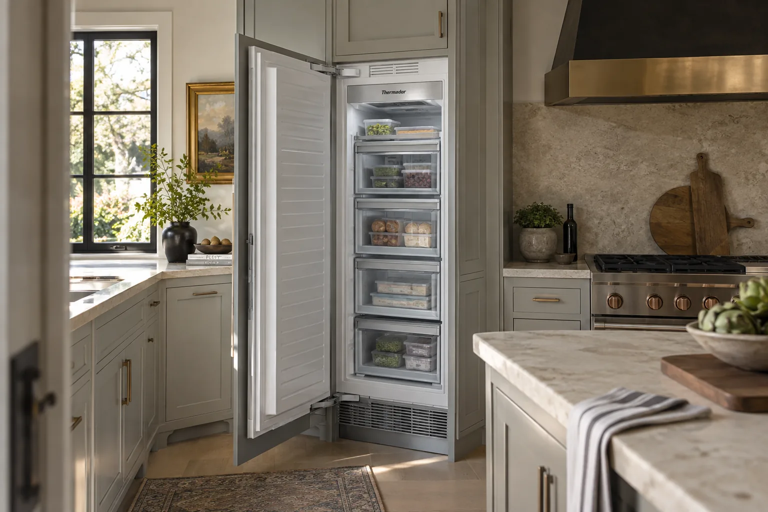 Open integrated upright freezer in a gray kitchen