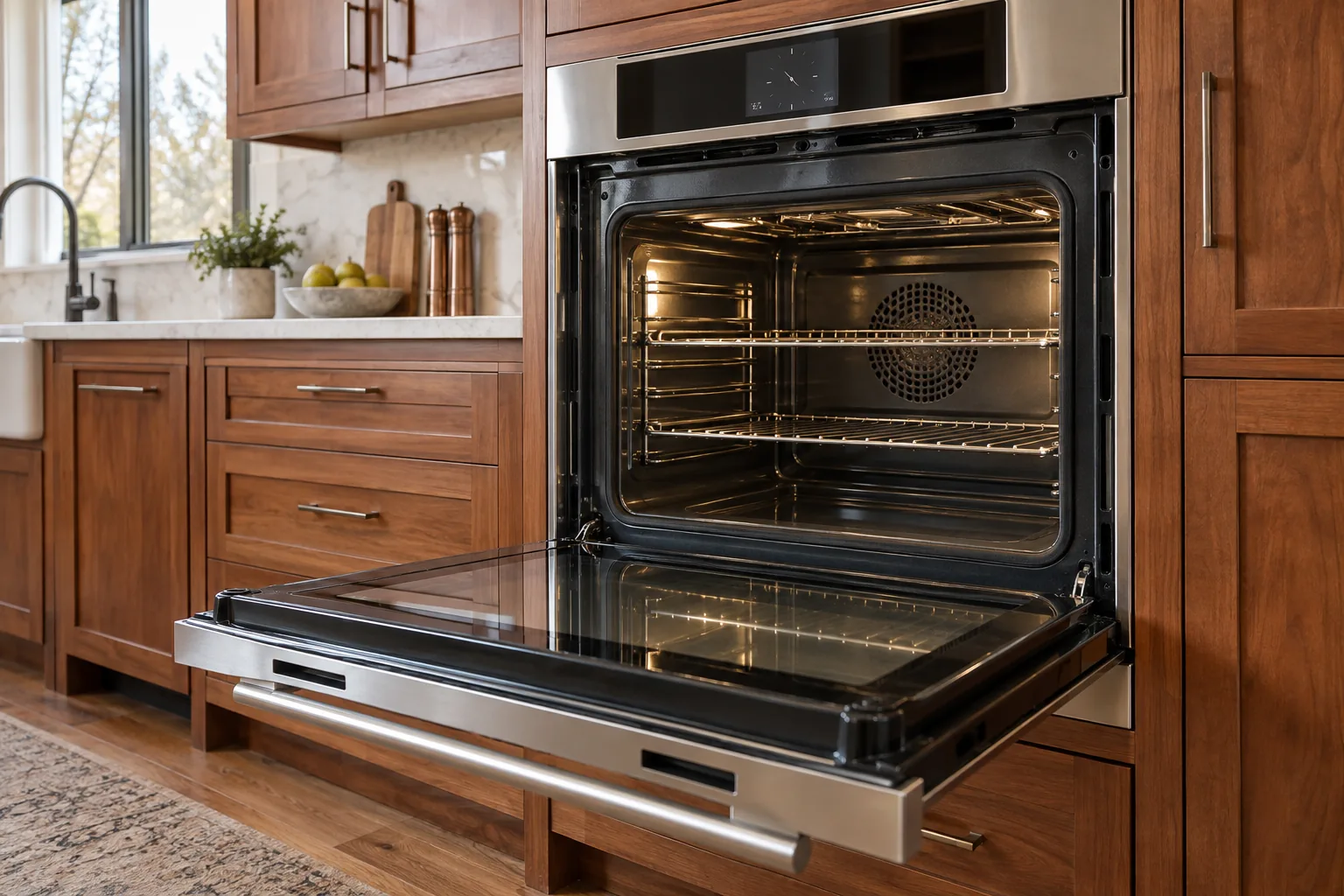 Open built-in stainless wall oven in a cherry kitchen