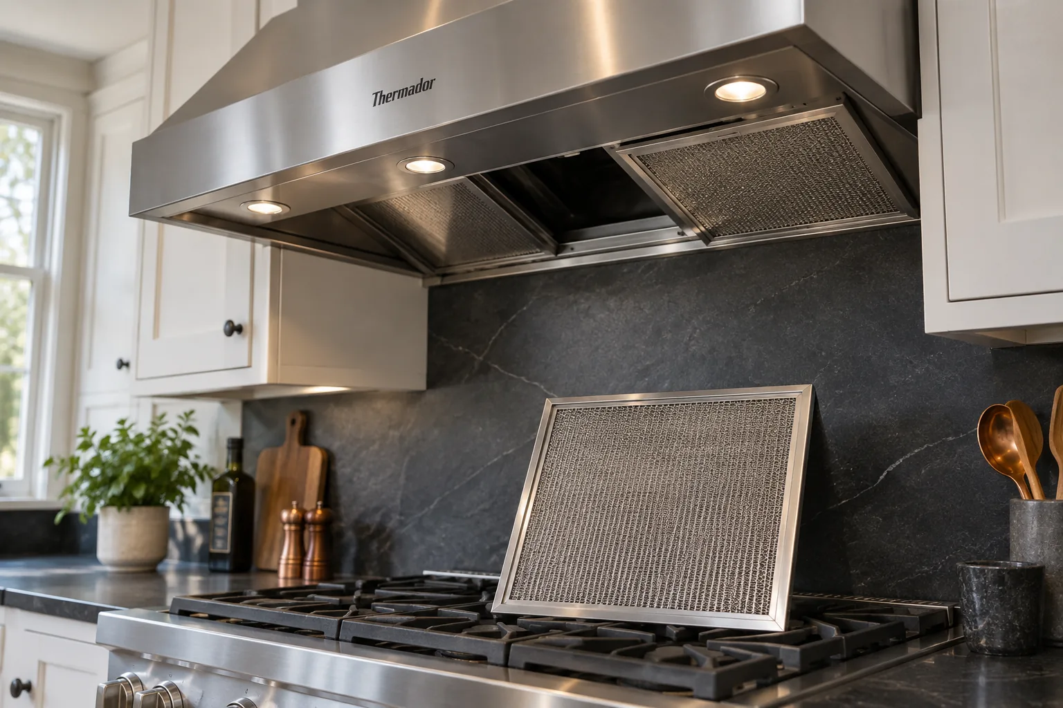 Removed mesh grease filter resting below a stainless range hood