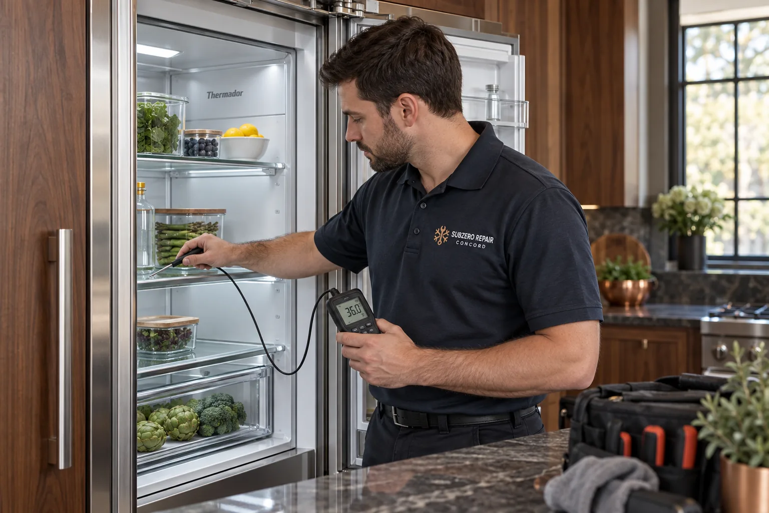 Technician measuring shelf temperature in an open Thermador refrigerator