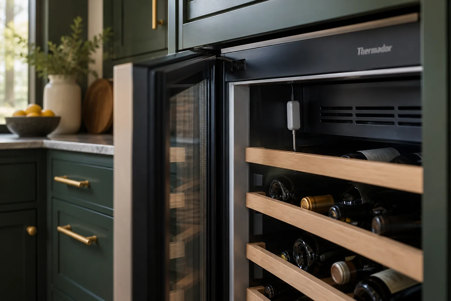 Close view of an open wine cooler and temperature sensor in a green kitchen