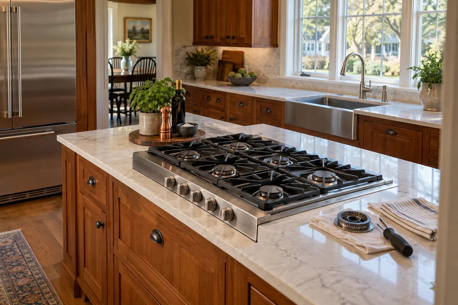 Stainless gas cooktop on a cherry kitchen island with service tools