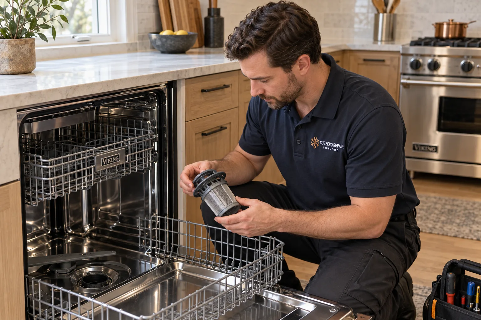 Technician inspecting a dishwasher filter beside an extended lower rack