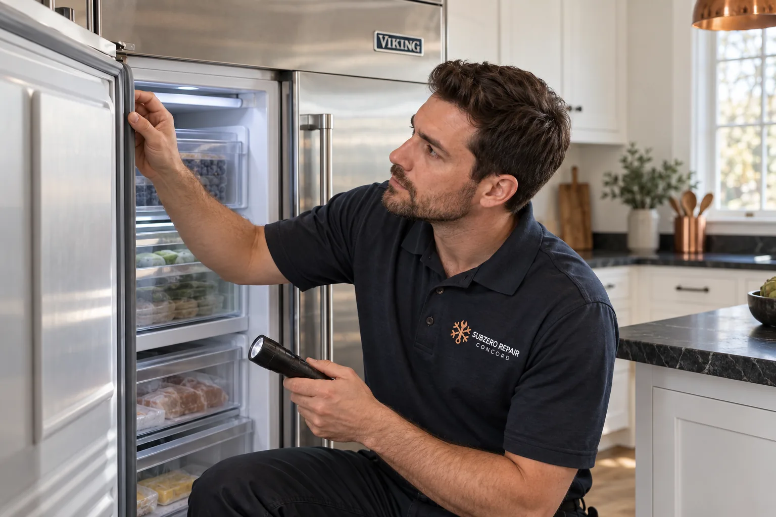 Technician checking the door gasket of a built-in freezer