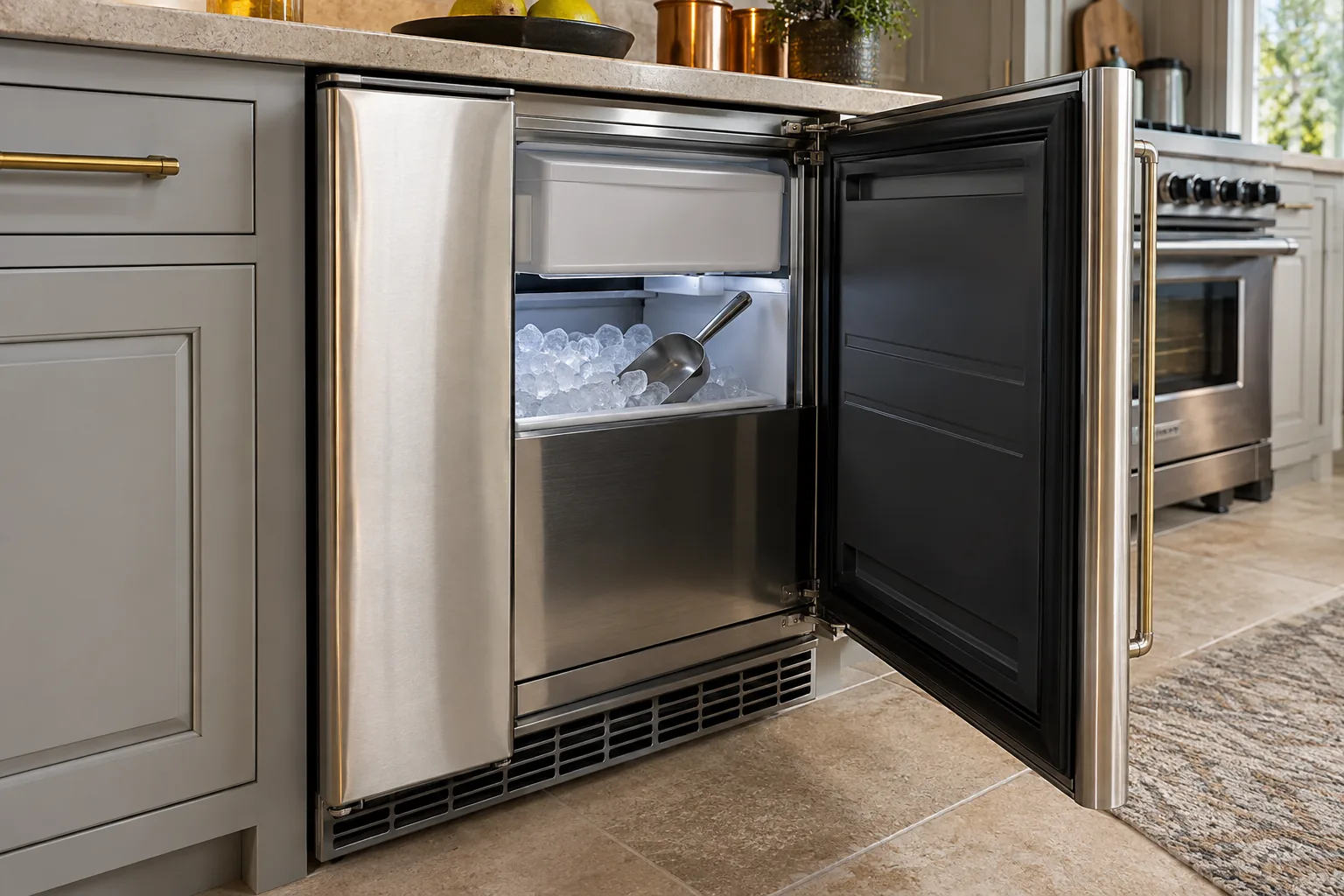 Open undercounter ice maker with fresh ice and a scoop