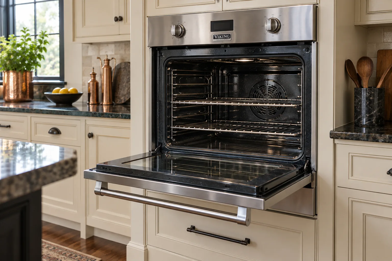 Open stainless wall oven in a cream kitchen