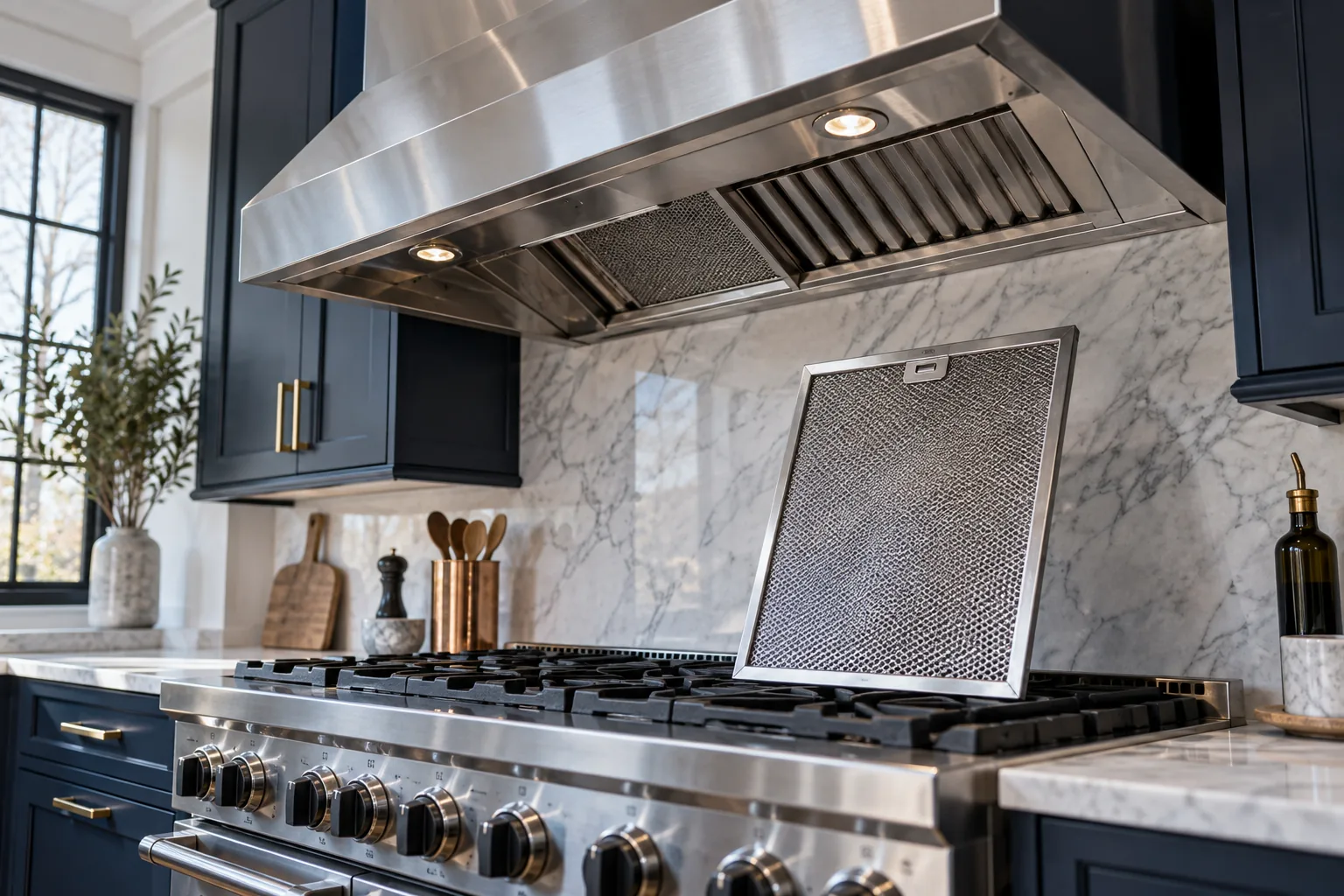 Stainless ventilation hood and removable mesh grease filter above a cold range