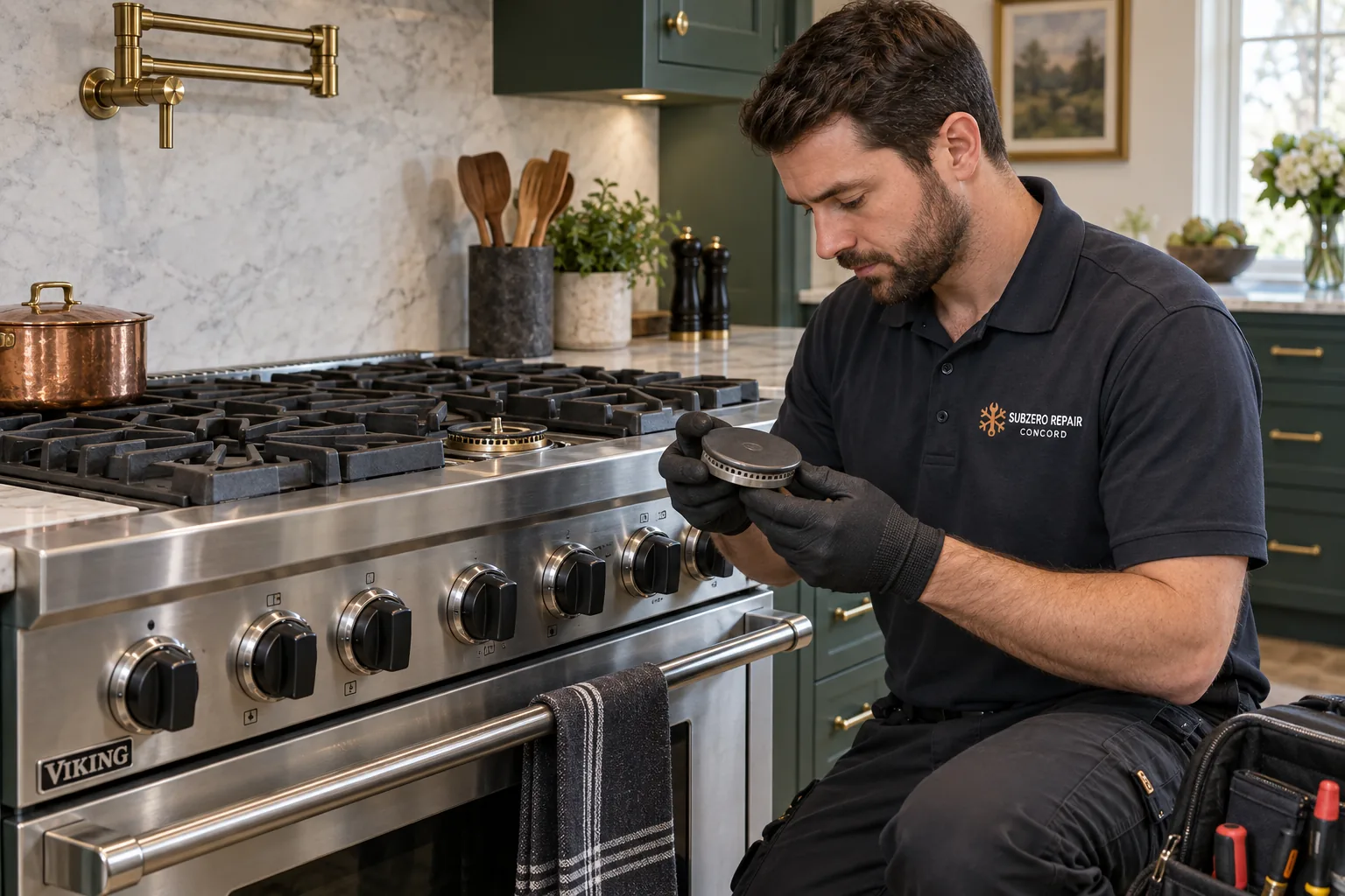 Technician inspecting a cold burner cap beside a stainless Viking range