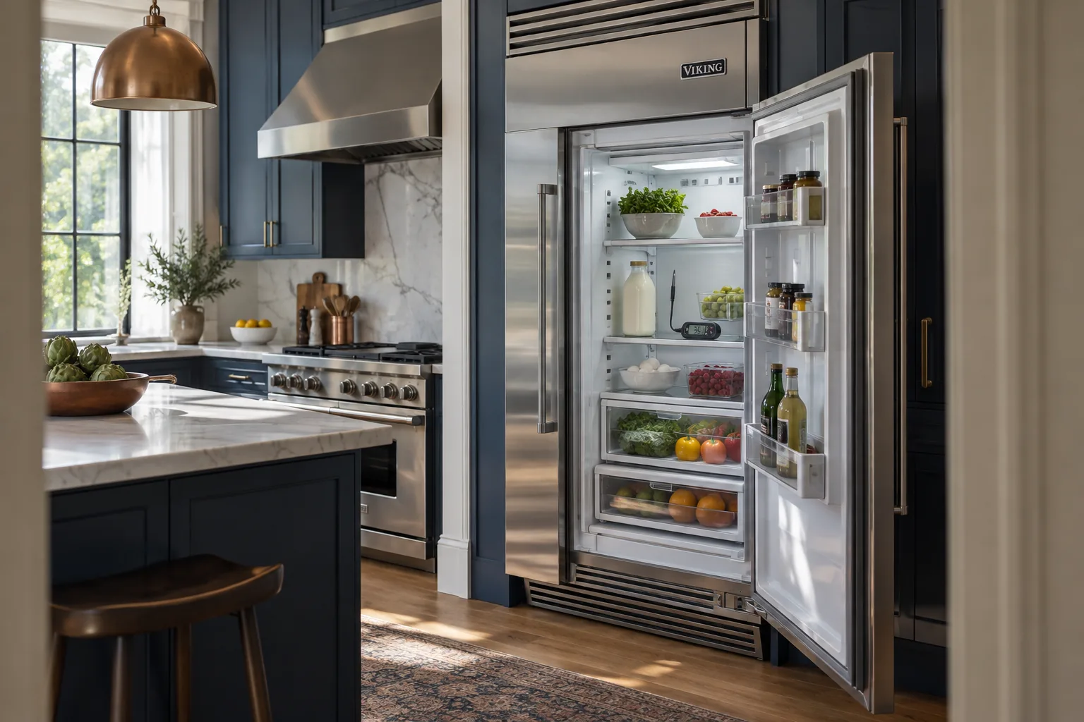 Open built-in refrigerator with an interior temperature probe in a navy kitchen