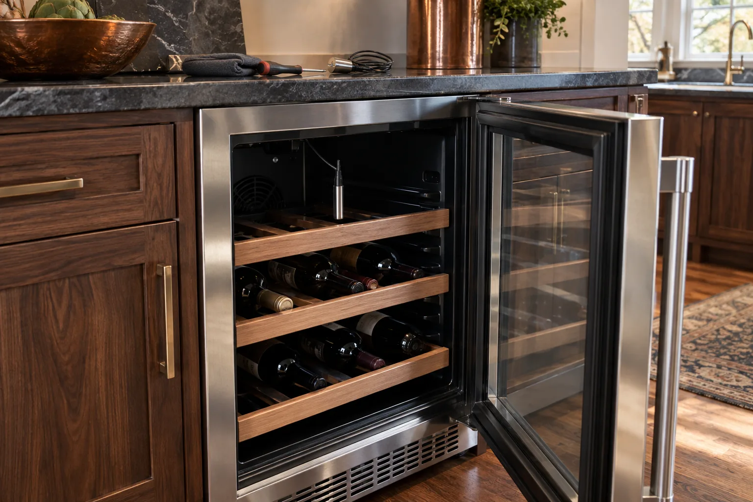 Open undercounter wine cooler with a temperature sensor visible