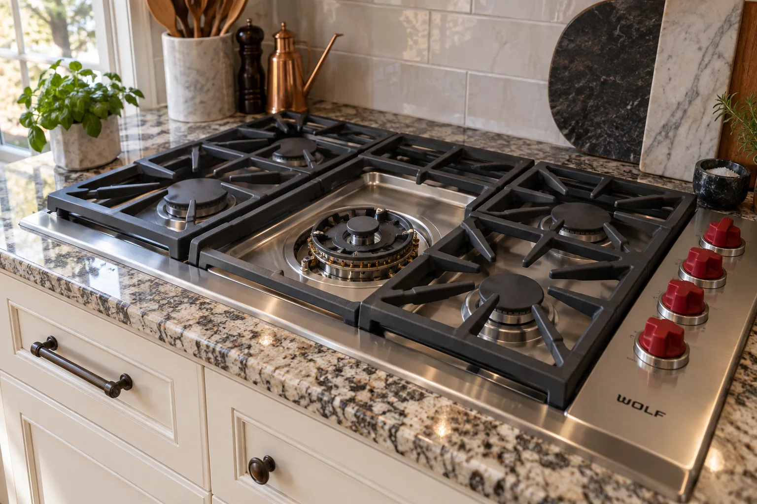 Stainless gas cooktop with a center burner exposed for inspection