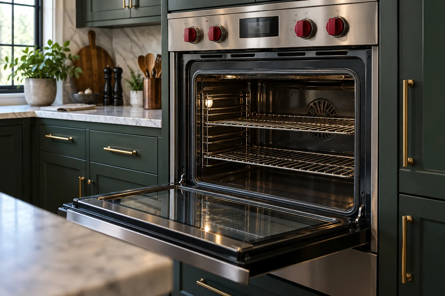 Open stainless wall oven with red knobs in a green kitchen